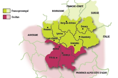 Carte du francoprovencal et de l'occitan en Rhône-Alpes.